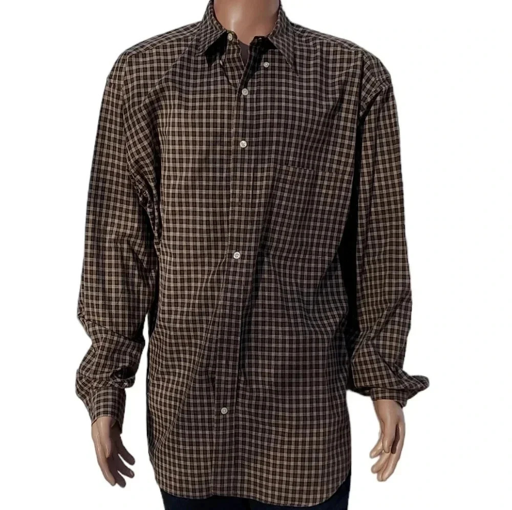 Eddie Bauer Men's Brown Plaid 100% Cotton Long Sleeve Shirt Sz Large
